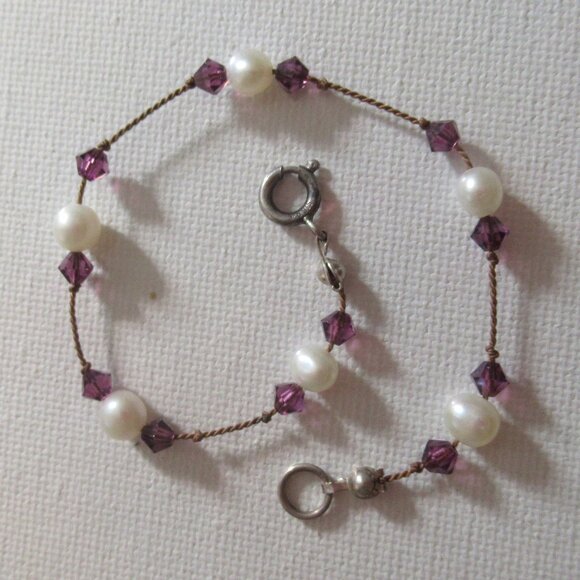 Amethyst & pearl bracelet, 925 Silver Clasp, Vintage, 7" - Picture 1 of 8